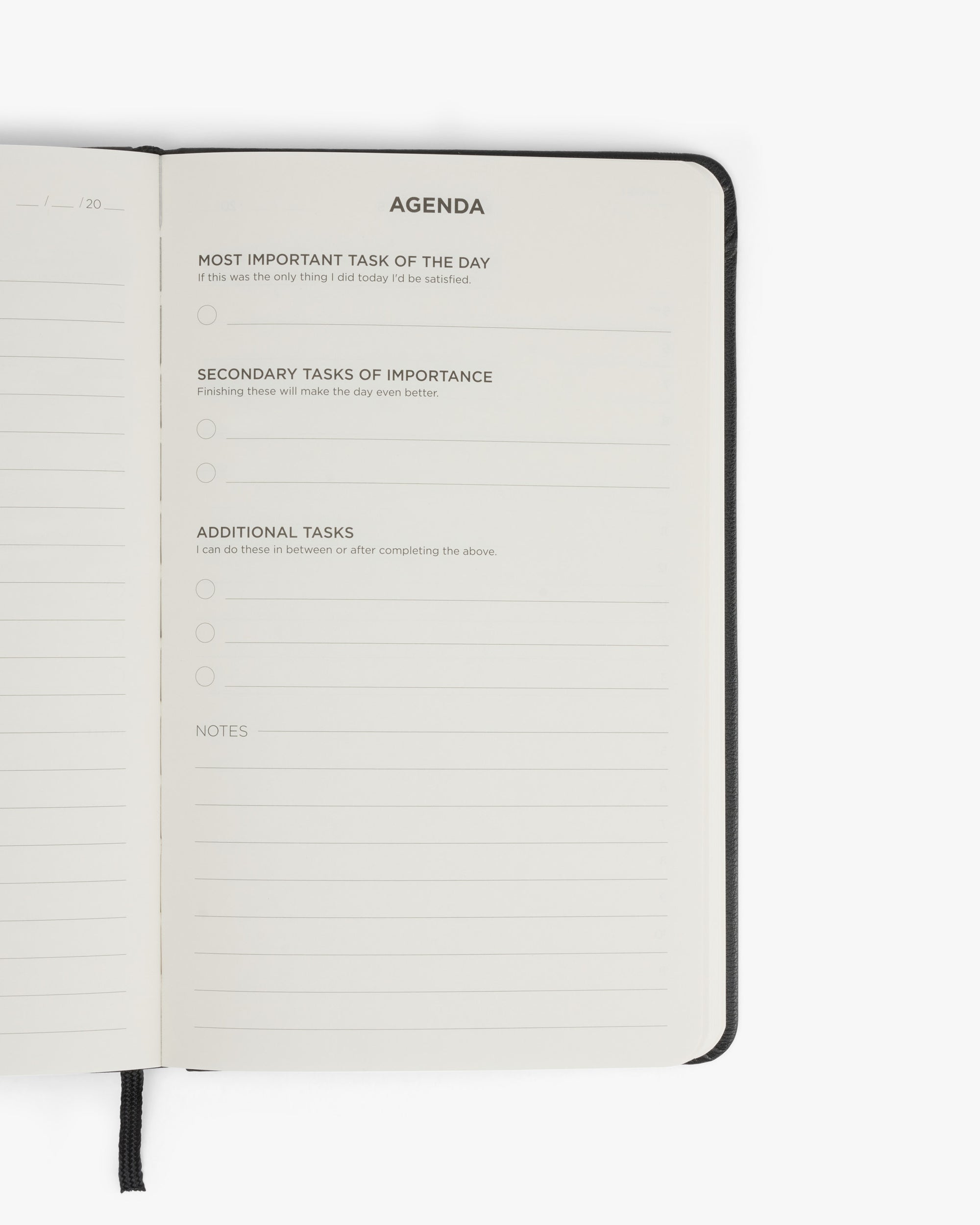 Geöffnete Agendaseite des Daily Planners mit Bereichen für wichtigste Aufgaben, weitere To-dos und Notizen.