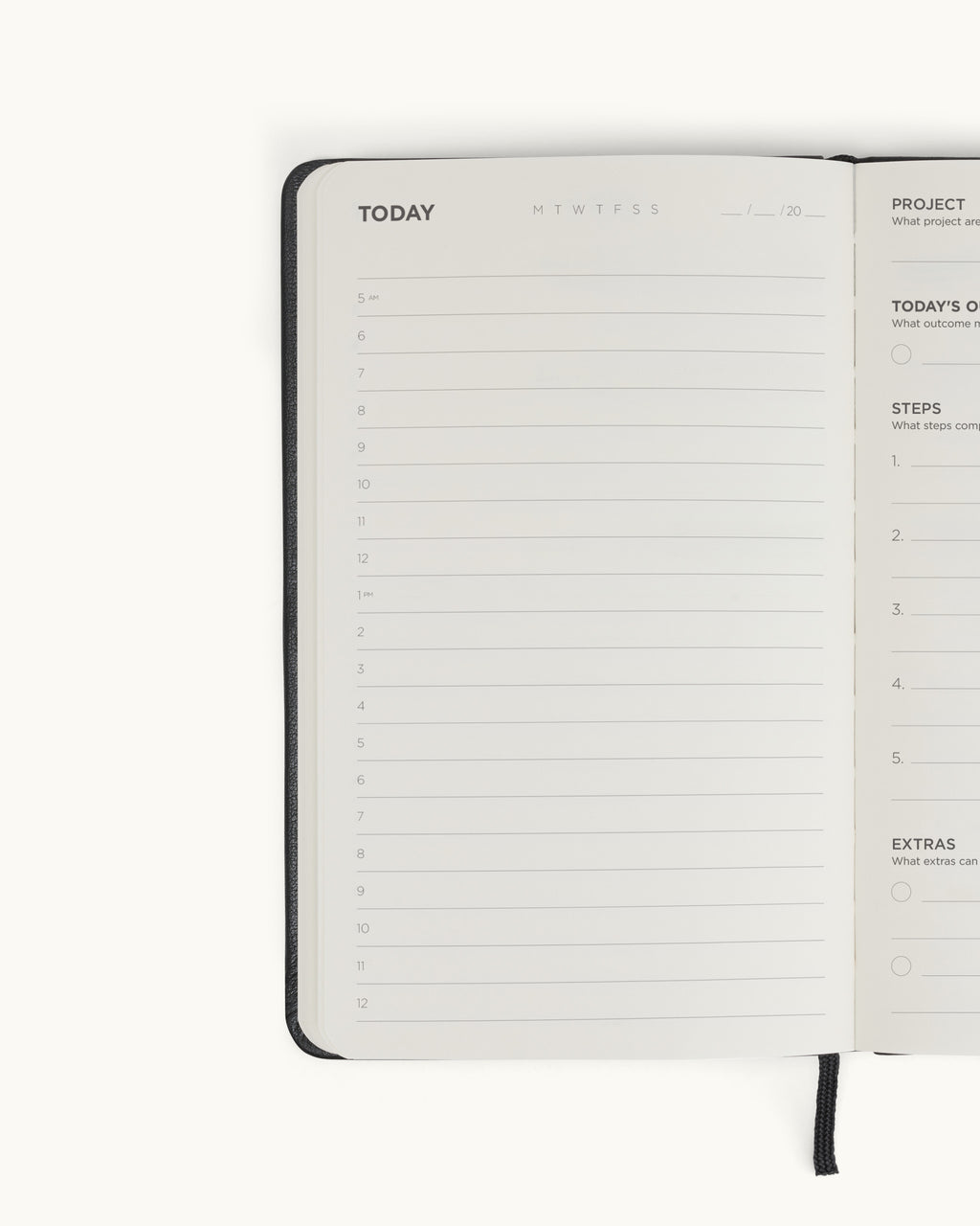 Open spread of the black Matine Daily Planner showing the “Today” schedule page with hourly time slots from 5 AM to 12 PM, weekday markers, date field, and ribbon bookmark visible.